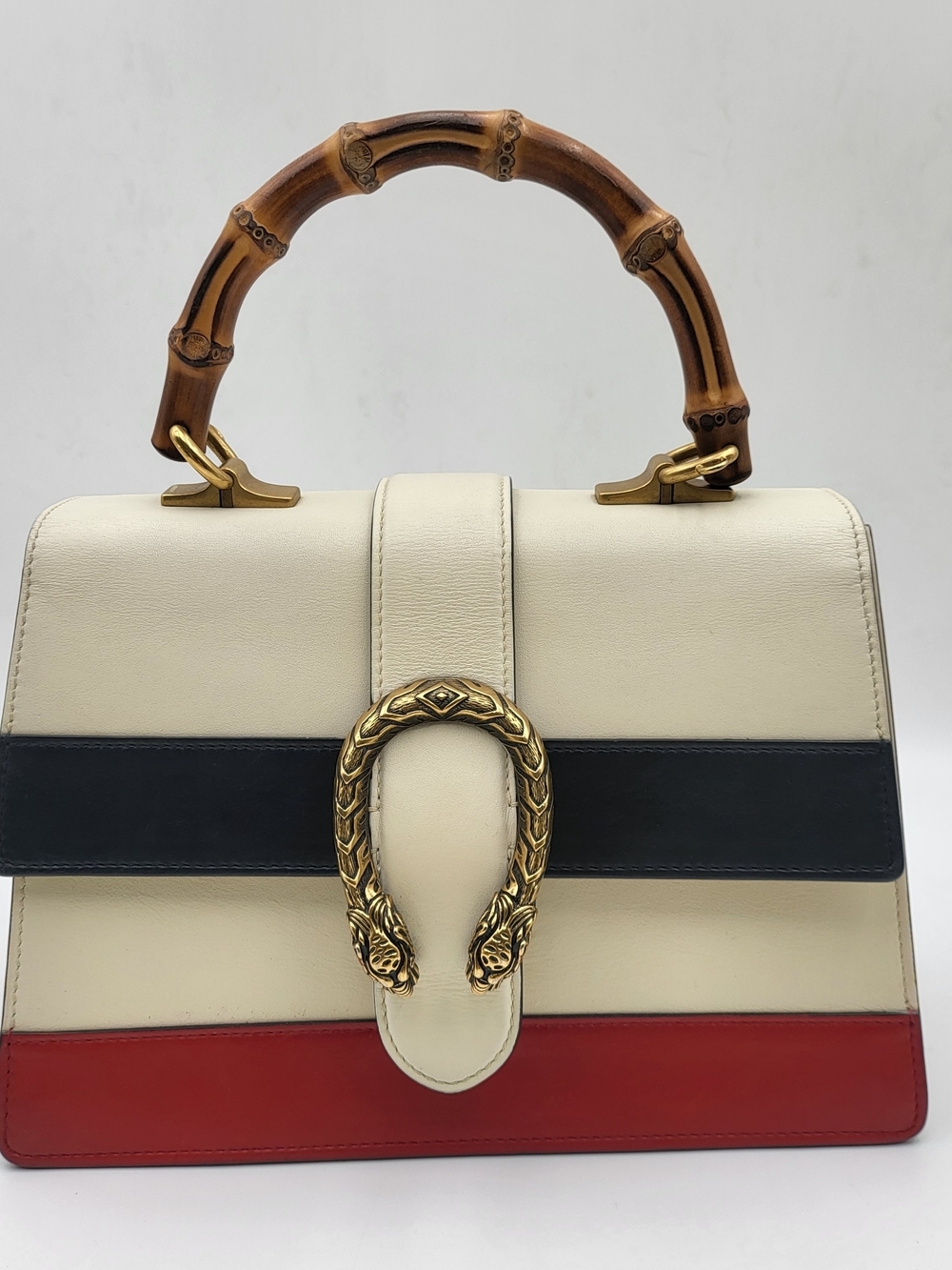 GUCCI Calfskin Bamboo Medium Dionysus Top Handle Bag Red White Blue. Auth. w/COA